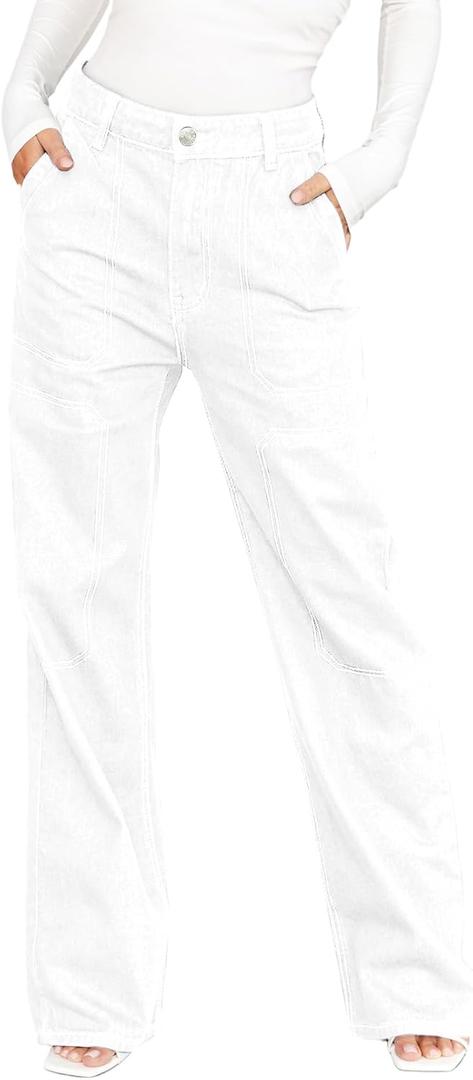 Dokotoo Women's Casual Mid Waist Cargo Jeans Stretch Button Wide Leg Denim Pants with Pockets (8, White)
