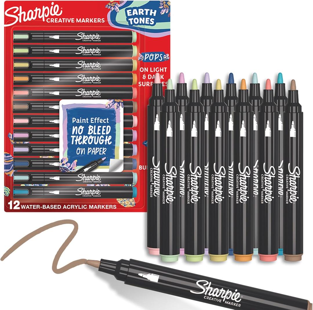 Sharpie Creative Markers, Earth Tones, Water-Based Acrylic, Bullet Tip, Assorted Colors, 12 Count  Arts & Crafts, School Classroom; Works on Paper, Metal, Wood, Ceramic, Glass, Rock, Canvas