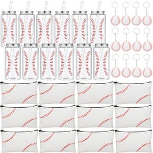 36 Pcs Baseball Cups Gift Sets Baseball Team Gifts Bulk Party Favors 13.5oz Reusable Plastic Tumbler Cups with Lid and Straw Cosmetic Bags Keychains for Sports Birthday Party Supplies