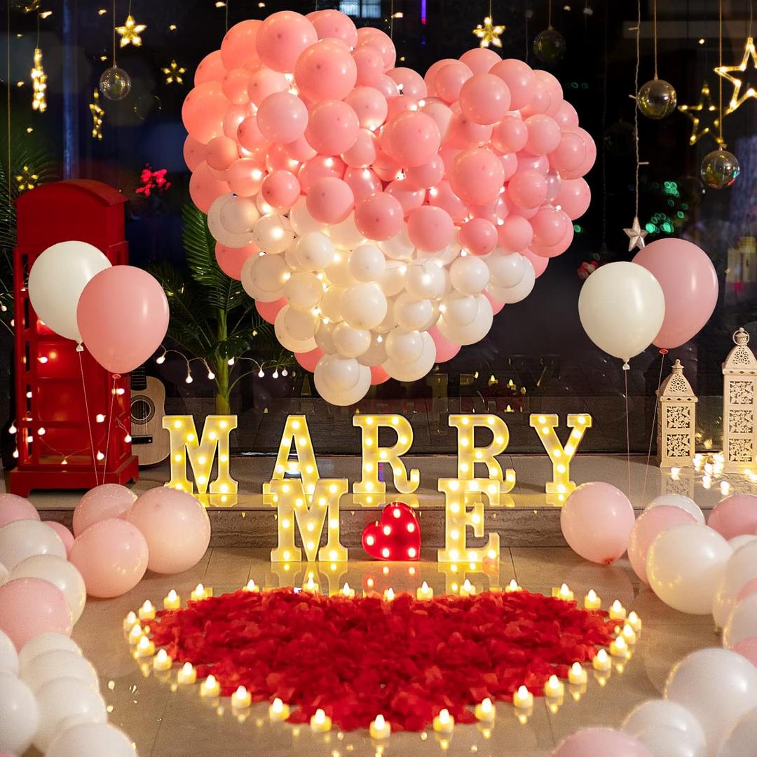 6132pcs Marry Me Marquee Light Up Letters- LED Letter Number Light Sign with Round Light Rose Petal Balloons Decoration for Proposal Engagement Wedding Home Table Decor White