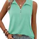 Imily Bela Women's Summer Sleeveless Tank Tops Zipper V Neck Ribbed Dressy Casual Blouses Loose Business Polo Shirts Size M