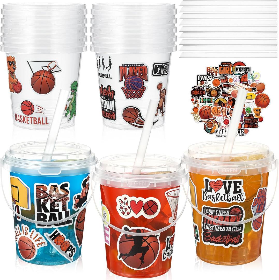 Funnymoom 12 Sets 34 oz Basketball Plastic Drink Buckets with Lid and Straws with Basketball Stickers Clear Drink Cup Disposable Cocktail Rum Buckets Reusable for Sport Party Favors Prize