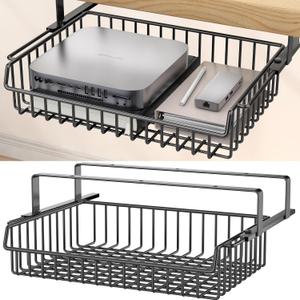 Under Desk Drawer, Slide Out Design, No Drill Metal Under Desk Cable Management, Under Table Storage Shelf Tray Basket Under Table Drawer Organizer for Office, Home, Workspace, Cabinet (Black)