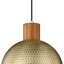 ELYONA Vintage Pendant Light Fixtures, 12” Brushed Brass Hammered Metal & Rubber Wood Industrial Dome Hanging Lamp, Antique Gold Kitchen Pendant Light for Island, Farmhouse, Sink, Dining Room, Hallway
