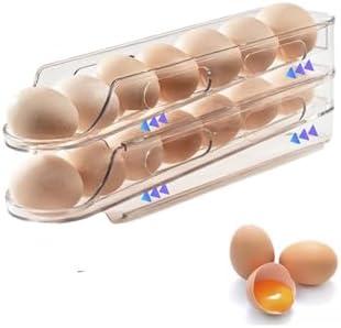 LECINAL Egg Holder for Fridge,Stackable 1-4 Tiers Container,Auto Rolling Fridge Organizer for Refrigerator,Space-Saving Dispenser Holder,Refrigerator Egg Rack Transparent (2 Packs)