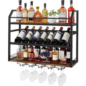 Hoctieon Wall Mount Wine Rack, Wall Mounted Wine Bottle Rack for Display and Storage, Hanging Bottle Holder, for Living Room, Dining Room,Bar, Wine Cellar, Rustic Brown