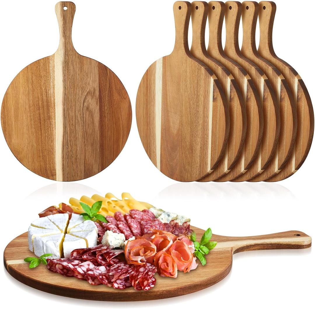 Sliner 6 Pcs Acacia Wood Round Cutting Board Bulk 0.6 Inch Thick Charcuterie Board with Handle Housewarming Gift Large Wooden Chopping Paddle for Cutting Pizza Cheese Meat Fruit (13 x 9 Inch)