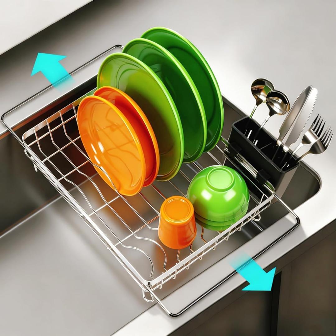 MERRYBOX Stainless Steel Dish Drying Rack, Expandable Dish Drainers for Kitchen Sink, Non-Slip & Durable - Sink Dish Rack with Large Cutlery Holder (Adjustable 15.4" to 23" cm)