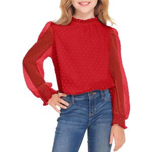 Arshiner Girls Long Sleeve Shirts Chiffon Blouses Swiss Dot Frill Neck Casual Loose Cute Top Tee, 110