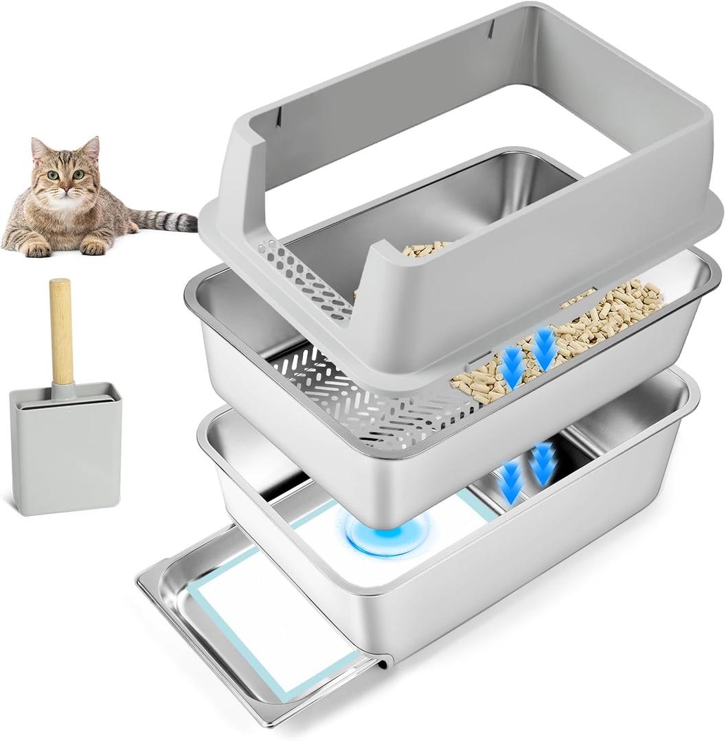 Stainless Steel Litter Box, 23.6" L x 15.7" W Drawer Type Semi-Enclosed Cat Litter Box with Sifting Pan, Scoop for Big Cat Easy Cleaning
