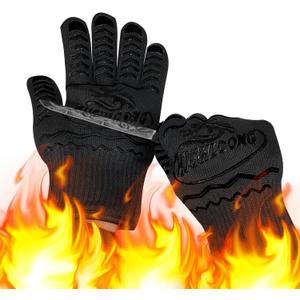 1472F Extreme Heat Resistant Gloves for Grill BBQ, Oven Gloves for Cooking, Grilling, Baking, and Camping  Oven Mitts with Fingers for Kitchen, Smoker, Cast Iron, Fire Pit, Pizza, Fryer, Barbecue (Black With Gray Silicone Strips)
