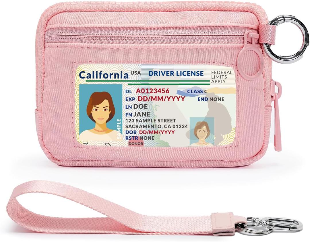 YDF The Iris Wallet for Women Mini Zip Card Case with Clear ID Window Zipper Coin Purse Lightweight Portable Keychain Wallet (Pink)