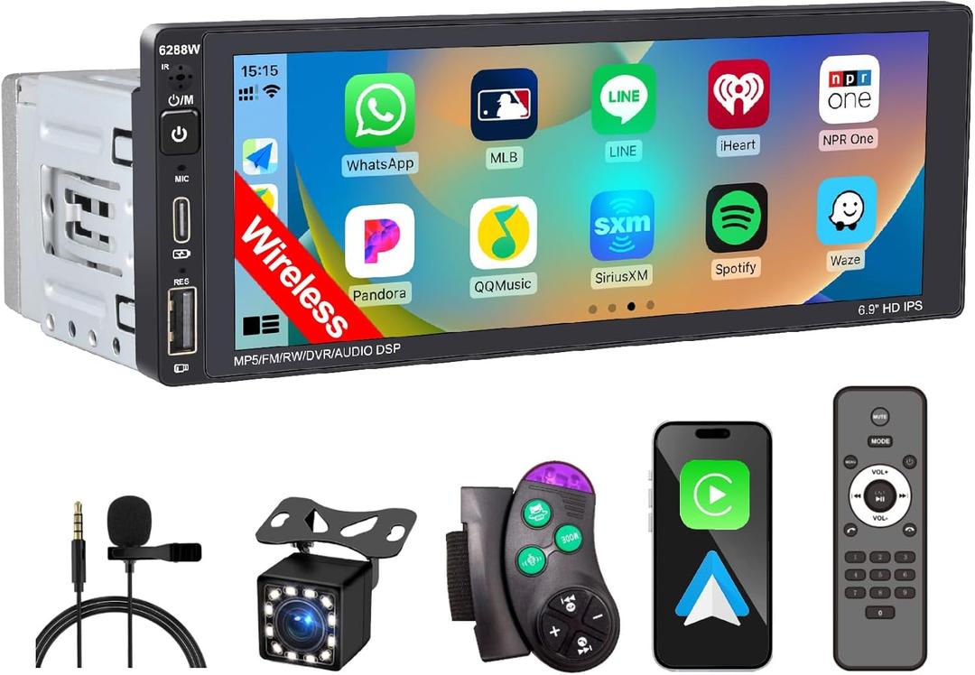 Wireless Single Din Car Stereo with Apple Carplay, IPS Touch Screen Car Radio with Bluetooth, Backup Camera, FM/ AM Car Radio, Car Play Android Auto, AUXTF, Type-C, USB