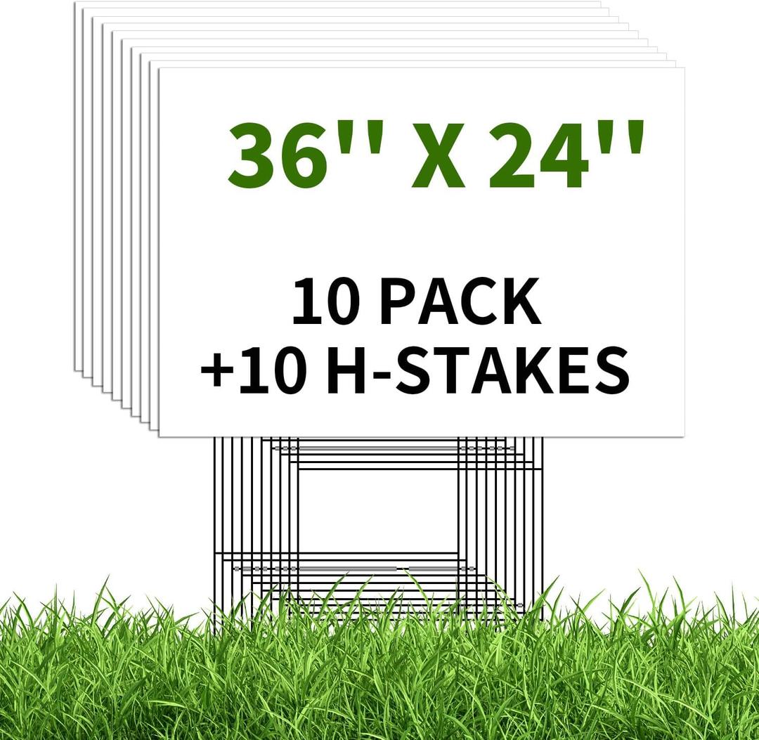 10 Pack 36 x 24 Inches White Corrugated Plastic Sign Boards with Metal H-Stakes  Waterproof, Double-Sided for Custom DIY Advertising, Yard Signs, Sales, Parties, and Events
