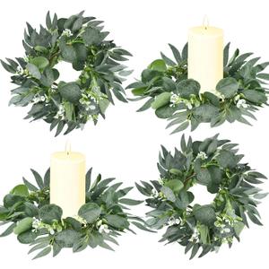 Thinkday 4 Pcs Eucalyptus Candle Ring Small 4 Inch Center Mini Artificial Wreaths Green Floral Leaves Pillar Holder Centerpieces for Wedding Door Wall Window Kitchen Cabinet Farmhouse Decoration