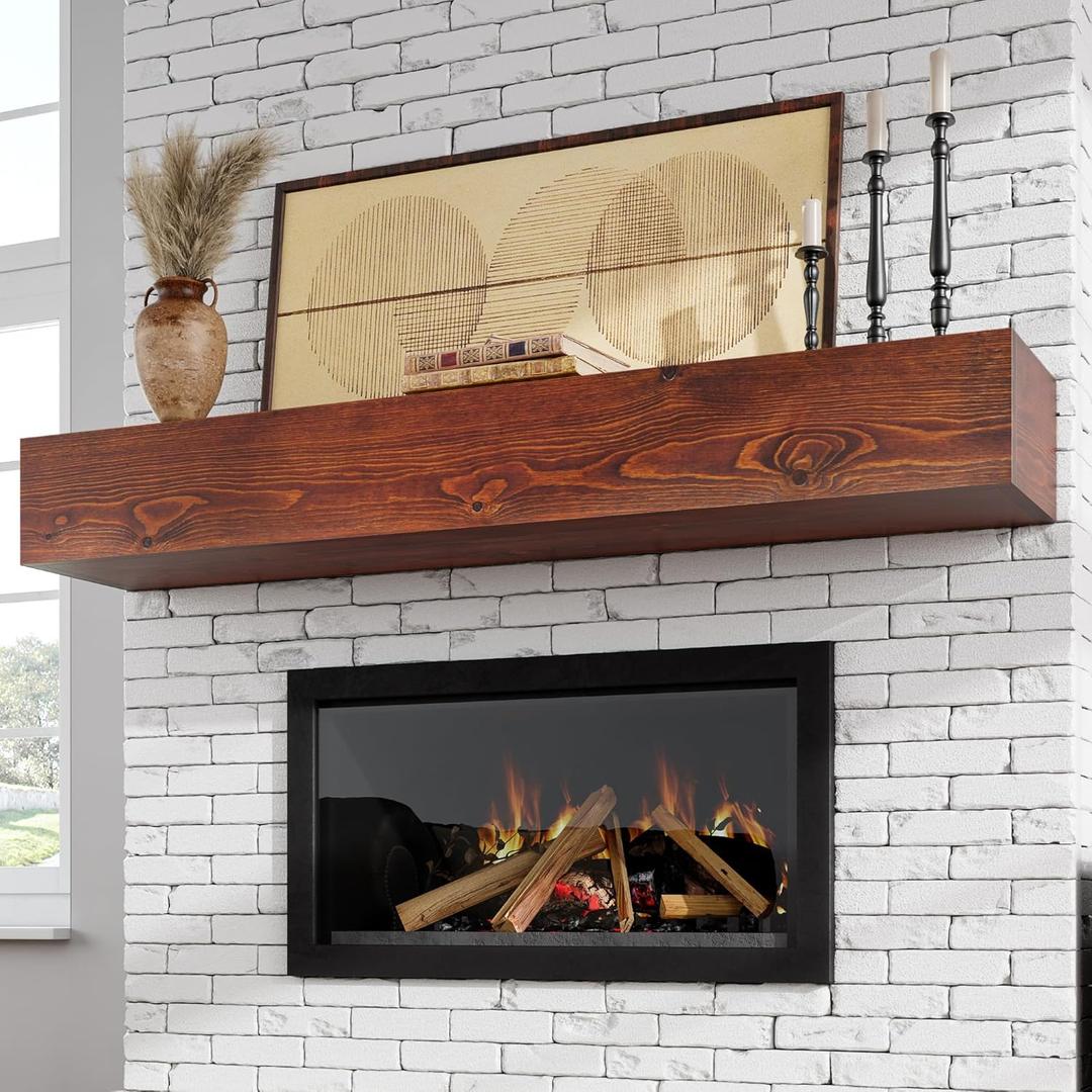 Fireplace Mantel - Floating Mantel Shelf, Wood Mantels for Over Fireplace, Wall-Mounted Mantels, Weight Capacity 60lbs, 72 X 9 X 6 inch, Brown