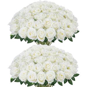 InnoGear 50 Pcs White Roses Artificial Flowers, Fake Velvet Silk Rose Bulk Faux Flower for Mother's Gift Decoration DIY Wedding Centerpieces Proposal Bridal Bouquets Party Floral Decor (50, White)