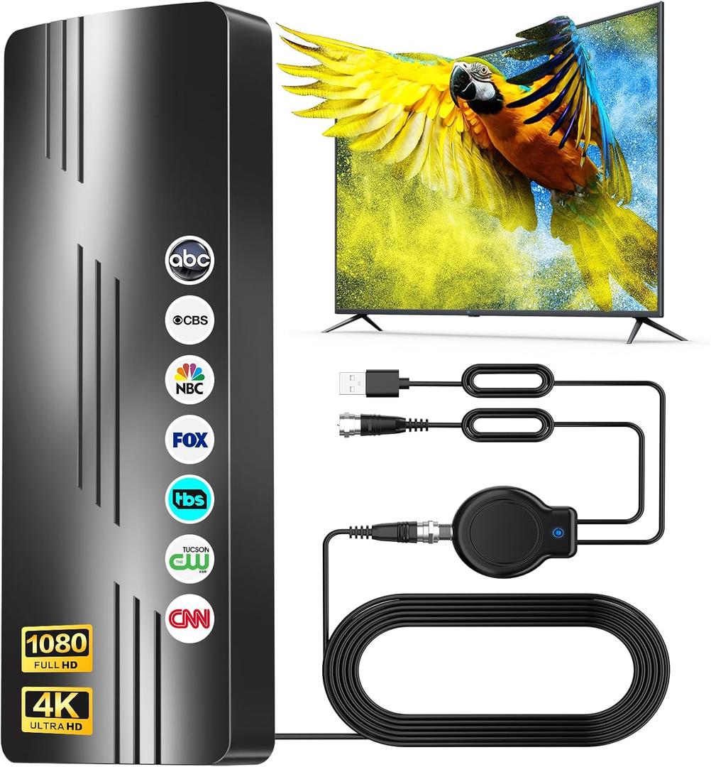 Upgraded TV Antenna Indoor Outdoor, 6000+ Miles Long Range HD Digital TV Antenna for Local Channels with Amplified Signal Booster, Supports 8K 4K 1080p for All TVs，39ft Coaxial Cable