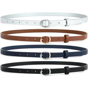 HOTWILL 4 Pack Women Skinny Belt for Dresses Jeans Pants Faux Leather Thin Waist Belts with Gold/Silver Oval Buckle (Small: 26"-28" (Pant 4-6), A_black&brown&silver&navy)