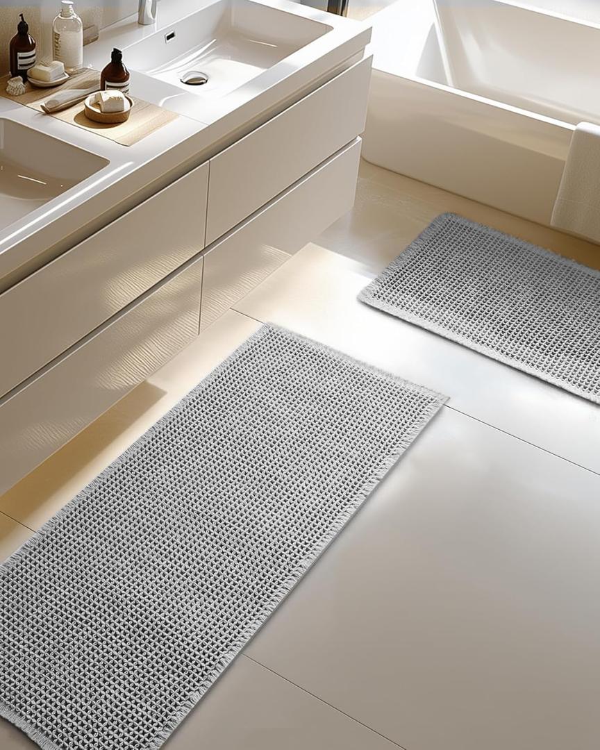 Large Waffle Bath Mat Set of 2, Non Slip Bath Mats for Bathroom, Ultra Absorbent Bathroom Mat for Bathroom Decor, Washable Kitchen Rugs for Boho Decor, Grey, 20"47" and 16"24"