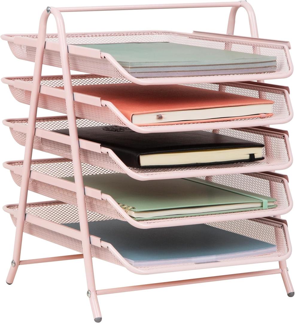 Mind Reader 5-Tier Paper Tray Organizer, Vertical Desktop File Storage Rack, Office, Metal Mesh, Pink