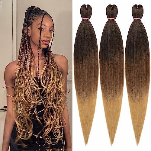 Leeven 3 Packs 30 Inch Pre-stretched Ombre Braiding Hair Professional Braid Hair Itch Free Synthetic Fiber Ombre Corchet Braids Yaki Texture Hair Extensions (1B/ 30/ 27#)