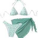 SHENHE Women's 3 Piece Floral Bikini Set with Wrap Coverup Halter Triangle Swimsuits (X-Large)