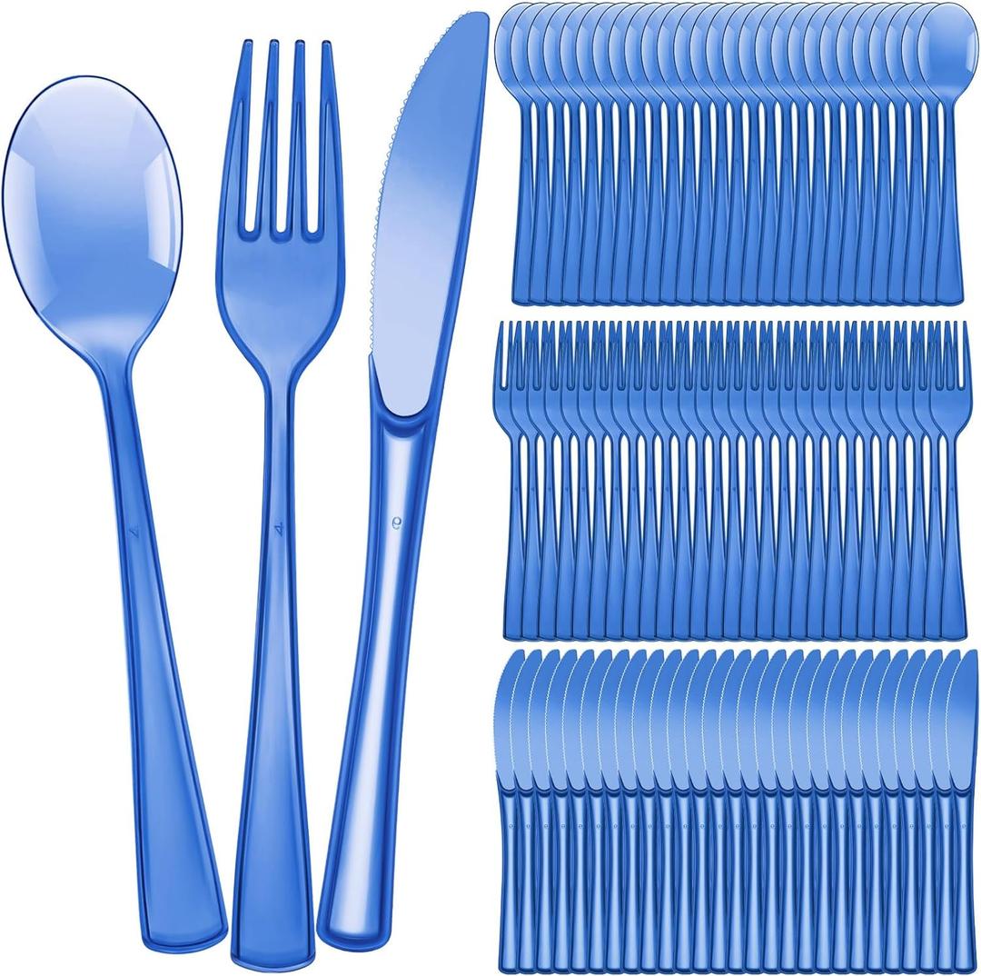 Minatee 150 Pieces Disposable Cutlery Set Plastic Silverware Heavy Duty Utensil Sets 50 Forks 50 Knives 50 Spoons for Home Office School Party Picnics Restaurant Outdoor Events(Blue)