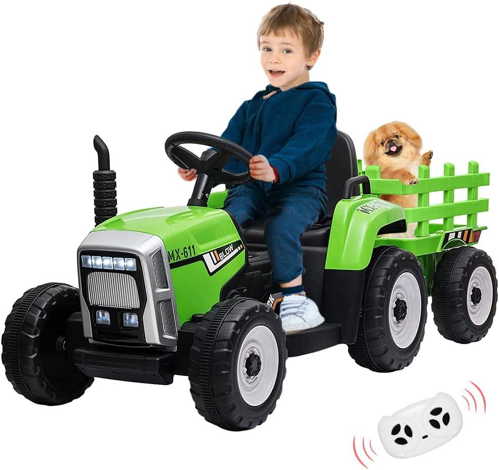12V Ride on Tractor with Trailer and Remote Control,Toddler Kids Electric Vehicle Car with LED Headlights,2+1 Gear Shift,MP3 Player,USB,Speed Up to 5mph (25W,Tread Tire,Green)