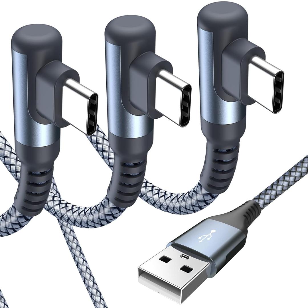 Sweguard USB C Cable Right Angle [3Pack, 10FT+6.6FT+3.3FT], 3.1A Fast Charger Cable Nylon Braided Cord for iPhone 17 16 15 Pro Max Plus iPhone Air, Samsung Galaxy S26 S25 S24 S23 S22 Note 20 10,Moto (Grey)