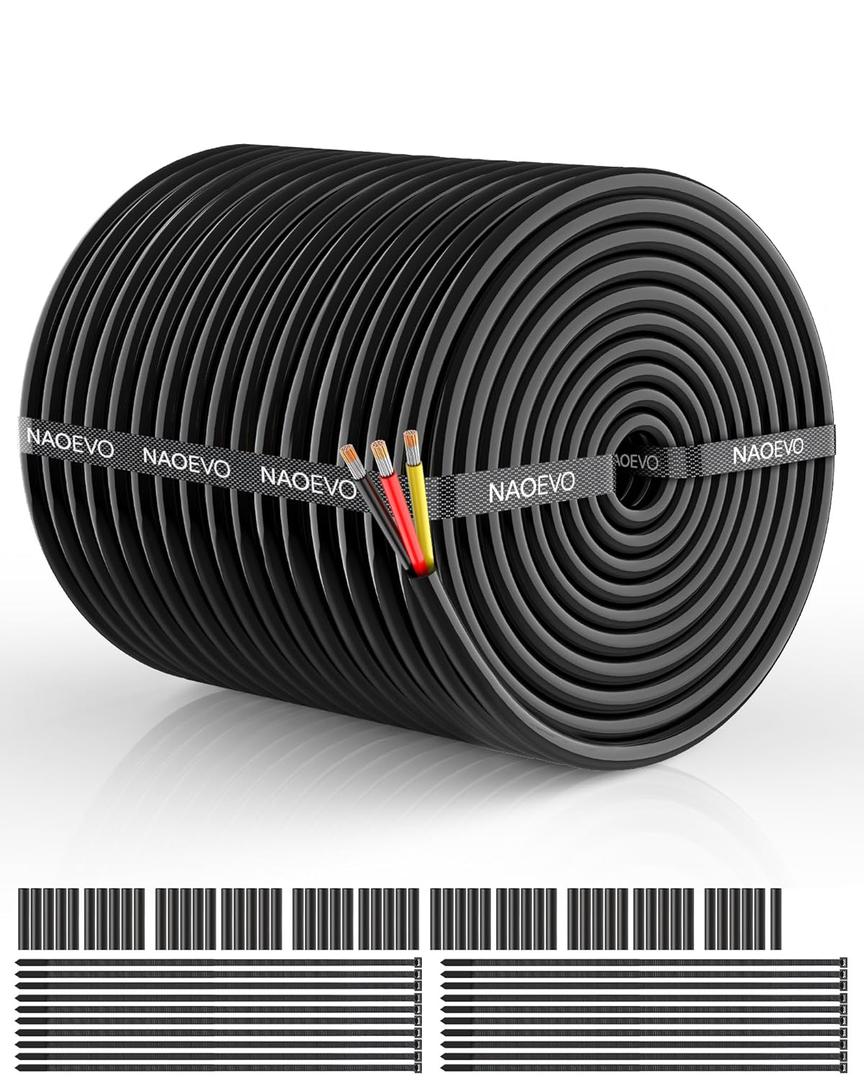 NAOEVO 14 Gauge Wire 3 Conductor Electrical Wire, 14 AWG Stranded PVC Cord, 12V Low Voltage/Tinned Copper/Flexible Cable for Automotive Wiring, Lamp Cord, Marine Cable (200FT)