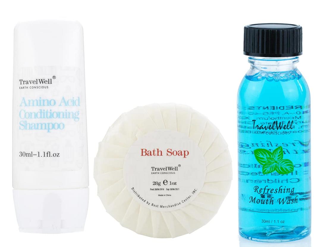 Hotel Toiletries Amenities Bulk Individually Wrapped 30ml Shampoo & Conditioner 2 in 1, Round Tissue Pleated 28g Cleaning Travel Soap In Bulk, 1FLOZ Disposable Outlast Mouthwash 30 Set (1 Count (Pack of 90))