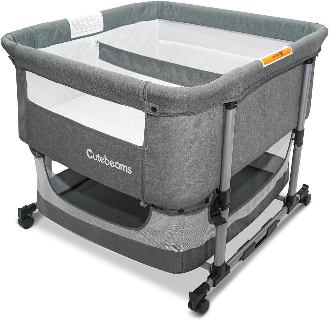 Twin Bassinet for 2 Babies, 3 in 1 Double Bassinet for Twins, Adjustable Height Rocking Bassinet for Baby with Wheels, Mosquito Net and Storage Basket, Airflow Mesh (Grey)