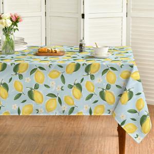 Horaldaily Summer Tablecloth 60140 Inch Rectangular, Lemon Jasmine Blue Yellow Washable Seasonal Table Cover for Party Picnic Dinner Decor