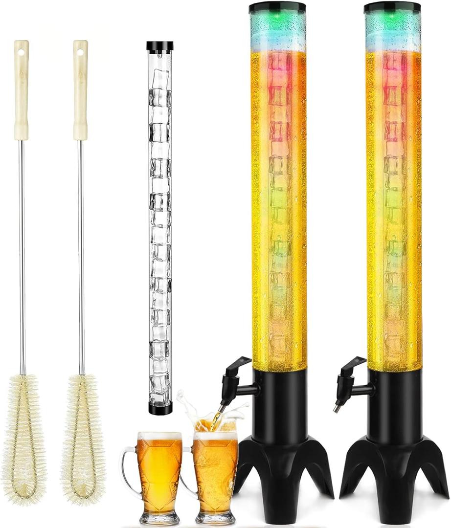 2pcs Beer Dispenser, 100oz/3.2 qt Mimosa Tower Dispenser with Ice Tube and LED Light for Margarita, Liquor, Beverage - Tabletop Drink Tower Dispensers for Parties