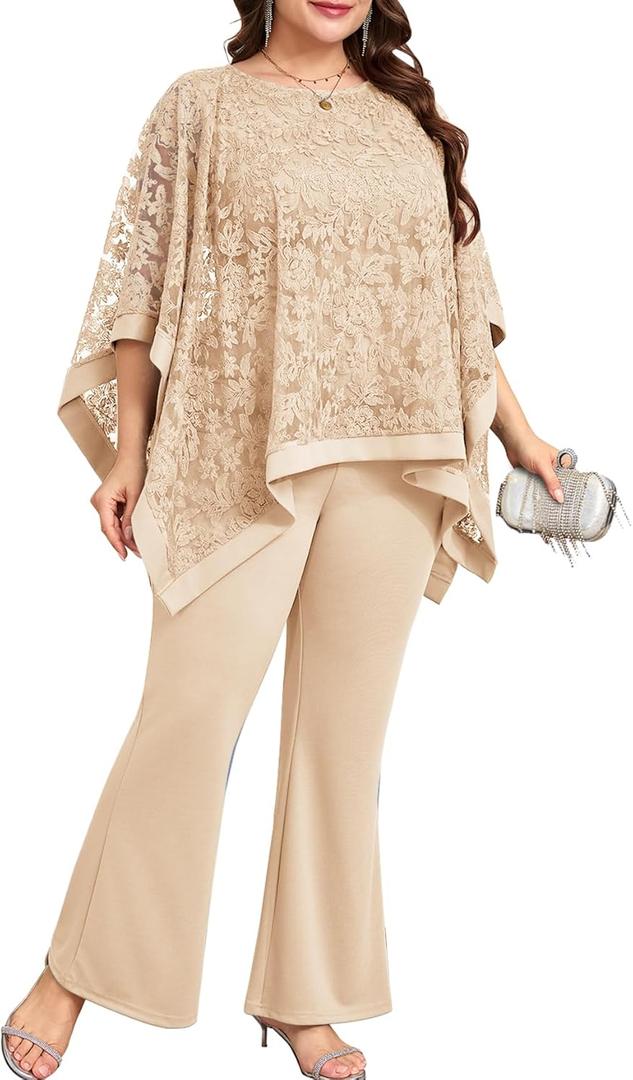 Plus Size Formal Mother of The Bride Pant Suits 2 Piece Wedding Guest Dressy Sets Embroidered Lace Cape Pockets, 3XL