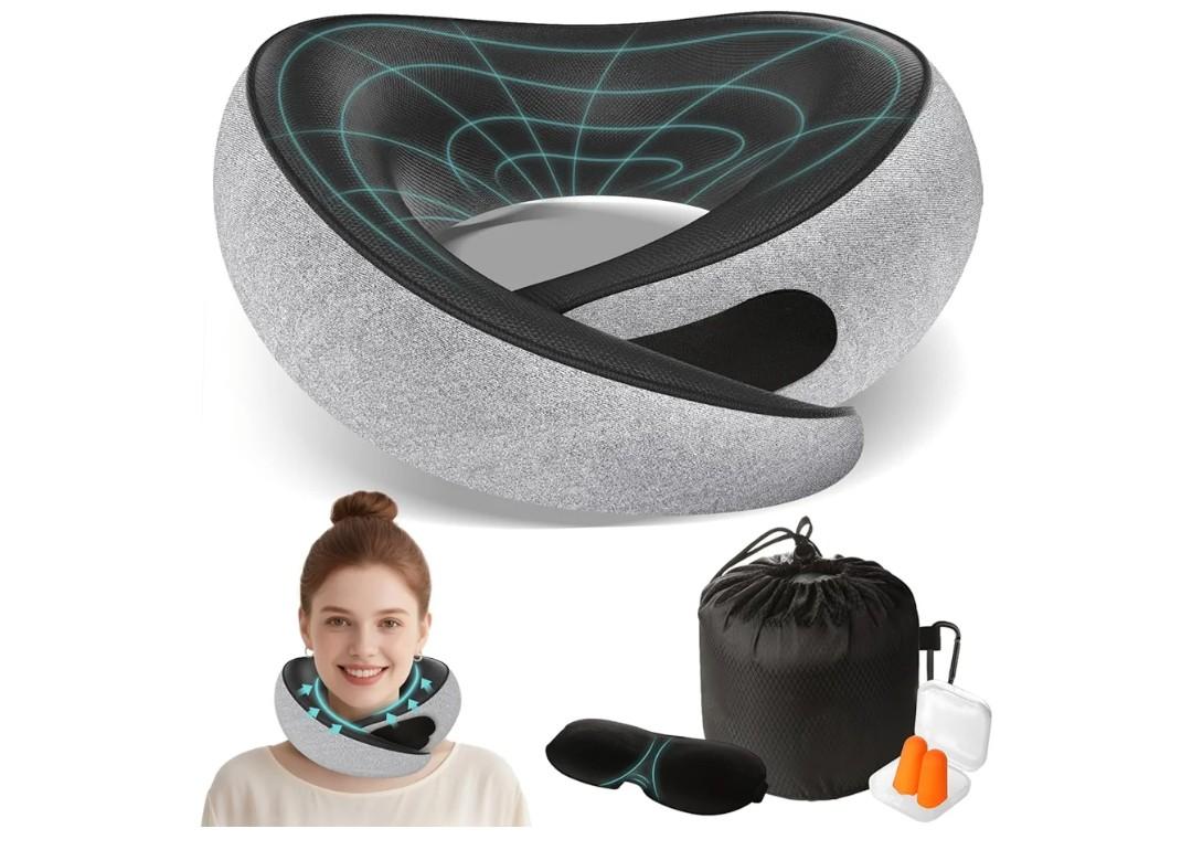 Travel Neck Pillows for Airplanes - 360° Ergonomic Memory Foam Travel Pillow - Relief Neck Pain with Breathable Support for Long Flights, Car, Train & Office Use - Adults & Kids (Light Gray)