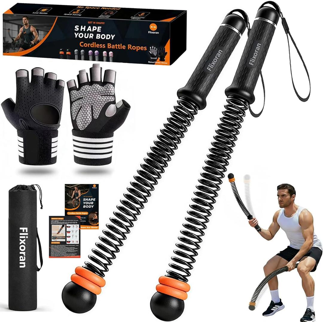 Cordless Battle Ropes Adjustable Trainer, Ropeless Weighted Portable Exercise Equipment for Home Gym Workouts, Compact Arm Strength for Men Women, Heavy Flex Rope Stick Fitness Gift