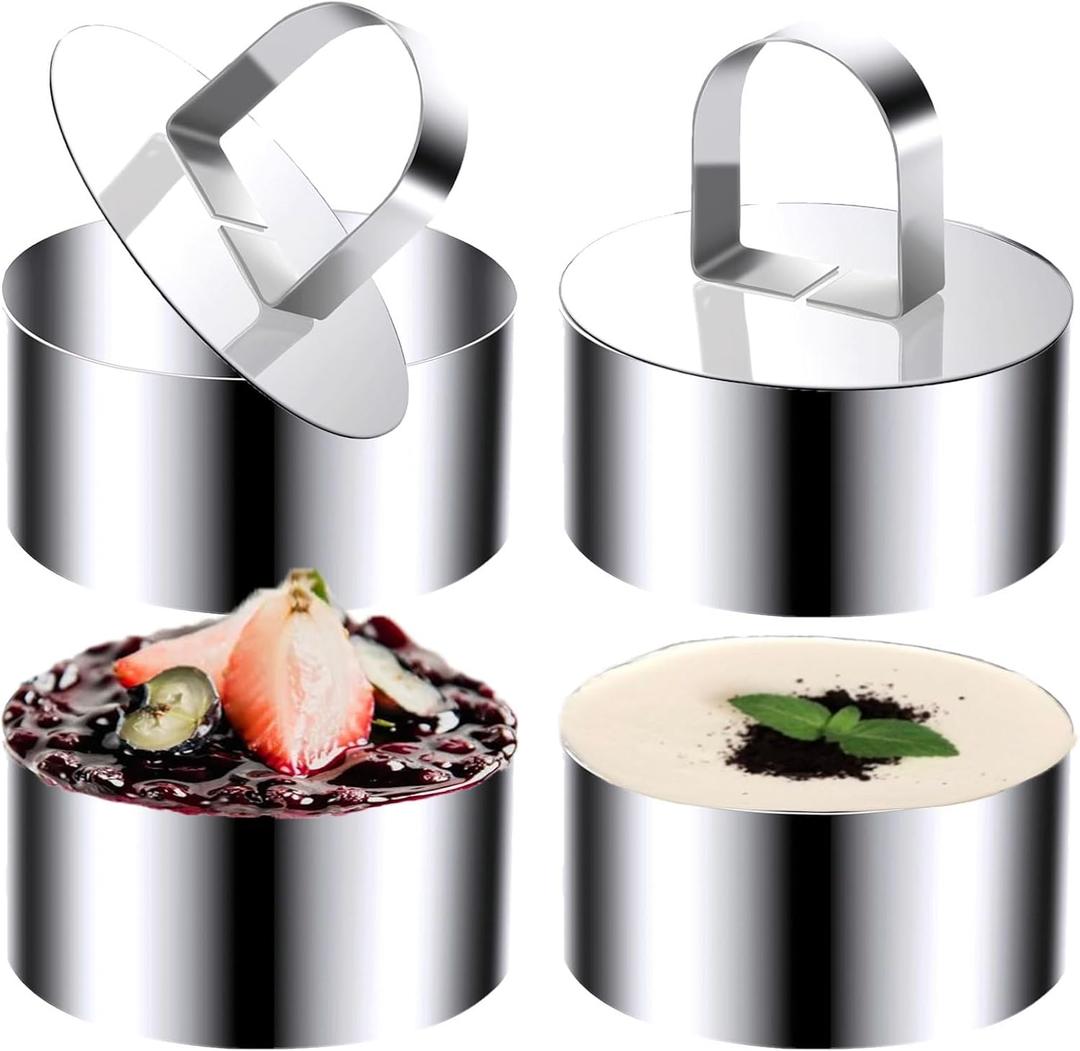 Round Cake Ring Molds, 4 inch Stainless Steel Food Rings Dessert Mousse Cooking Rings Mold Extra High 6cm with Pusher & Lifter (Include 4 Rings & 2 Pushers)