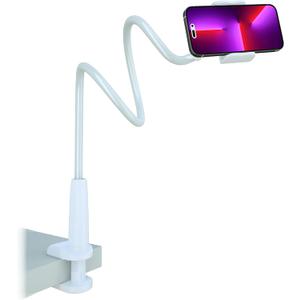 MAGIPEA Cell Phone Clip Bed Stand Holder, with Grip Flexible Long Arm Gooseneck Bracket Mount Clamp for Desk, Compatible with iPhone 14 Pro Max XR X 8 7 6 or Other 3.5-7" Devices (White)