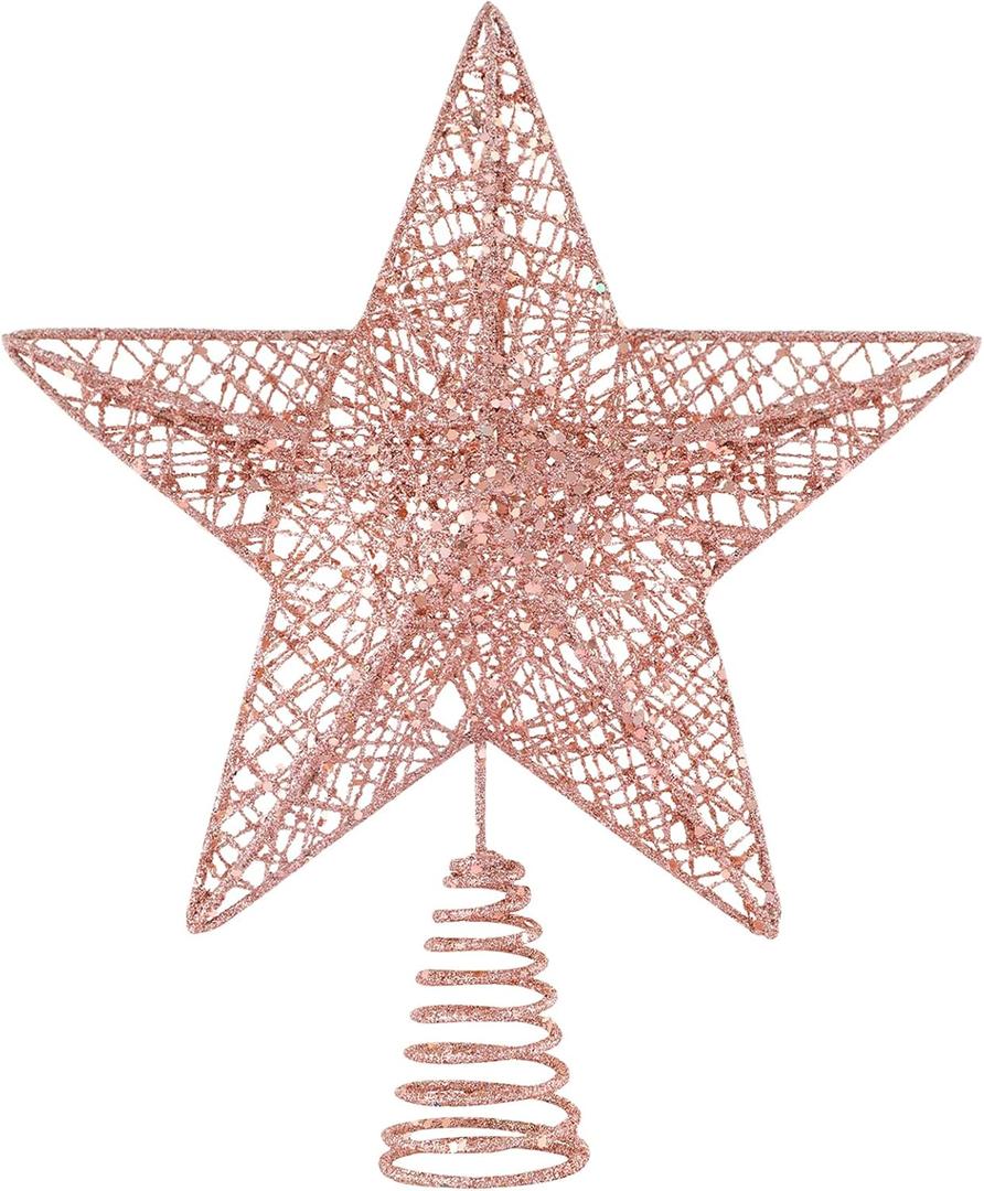 Christmas Tree Toppers Xmas Glitter Rose Gold Hollow Star Treetop Topper for Christmas Tree Decoration