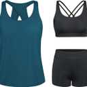 Tempt Me 3 Piece Tankini Swimsuits for Women Athletic Bathing Suits Swim Tank Top with Boy Shorts and Bra Modest Swimwear (M, Blue Green)