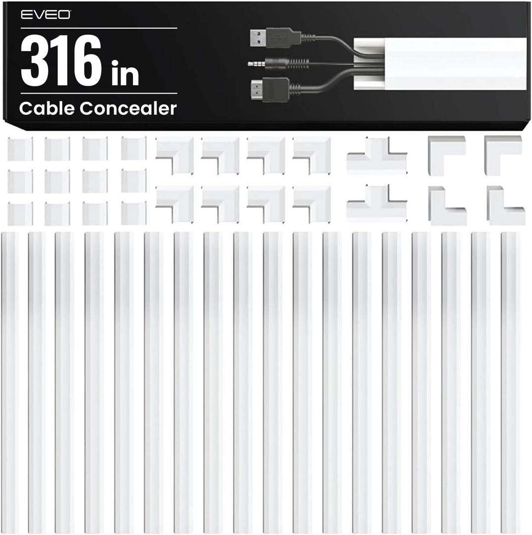 EVEO Cable Hider Wall 306 - Cable Raceway Cord Hider - Wire Covers for Cords on Wall, Cord Cover, Wall Cable Hider, Cable Concealer, Wire Hiders for TV on Wall Management-20X (L16 W0.95 H0.5) - White (Medium)