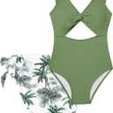 Girls One Piece Swimsuit Cut Out Ruffle Bathing Suit Twist V Neck Swimwear Solid Color with Cover Up Skirt 7-16T (9-10 Years, Green)