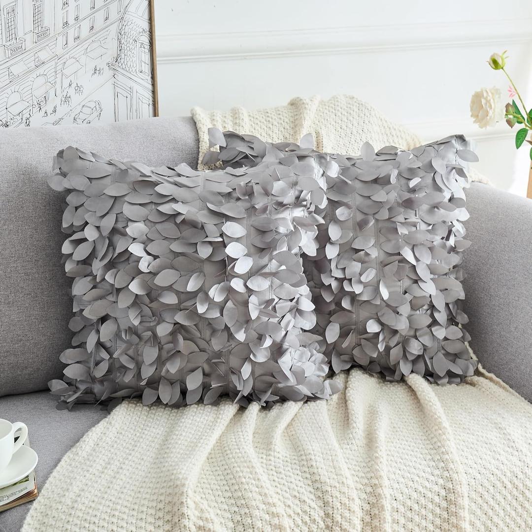 uxcell 3D Leaf Sequin Throw Pillow Covers 18x18 Inch Soft Satin Square Pillowcases with Hidden Zipper, Set of 2 for Sofa Bedroom Office Outdoor Decor Grey