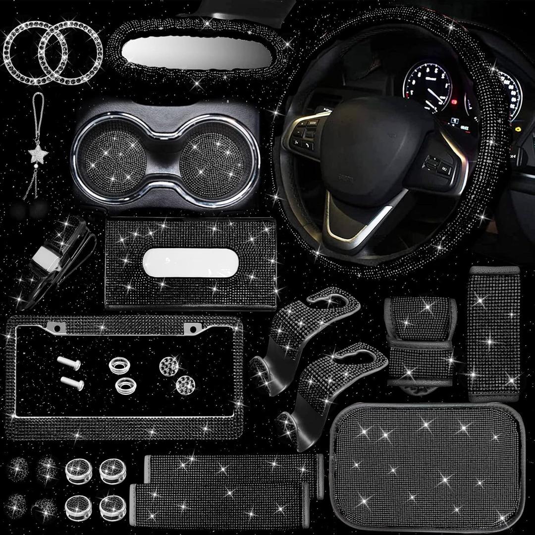 25PCS Bling Car Parts Set, Car Parts Set Female Plug Universal 15 Inch, Shiny License Plate Frame, Center Console Cover and Rearview Mirror Set and Other Car Accessories, (Black)
