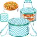 Pickmesh Round Pie Carrier 12 x 7 Inch Insulated Casserole Carriers with Lid and Detachable Handle for Hot or Cold Food Cake Transport Thanksgiving Christmas Gift(Cyan White Zigzag)