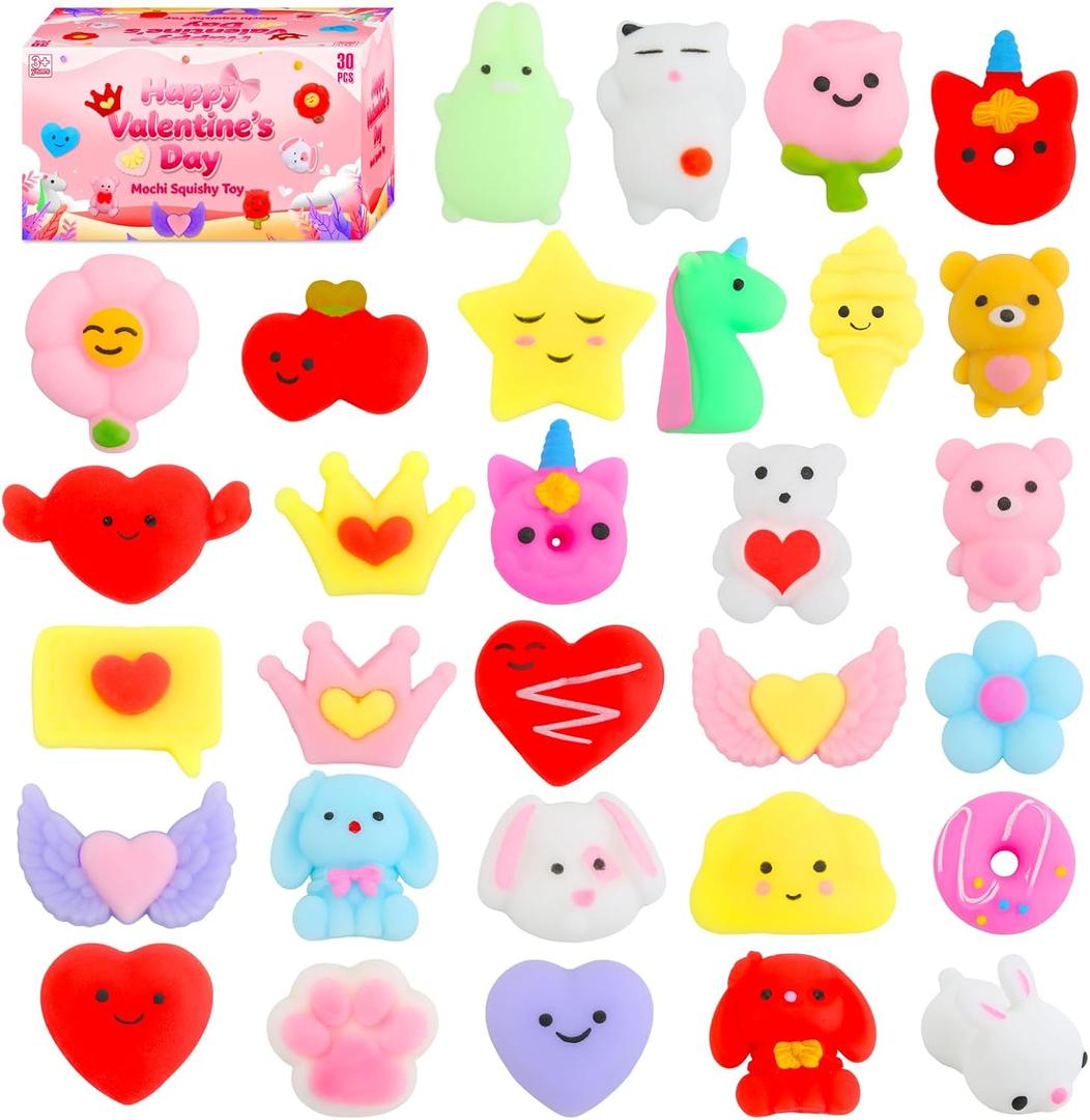 Valentines Day Gifts for Kids - 30 Pack Valentines Mochi Squishy Toys, Mini Kawaii Squishies Fidget Toys Prizes for Kids School Classroom Party Favors and Valentines Day Decor