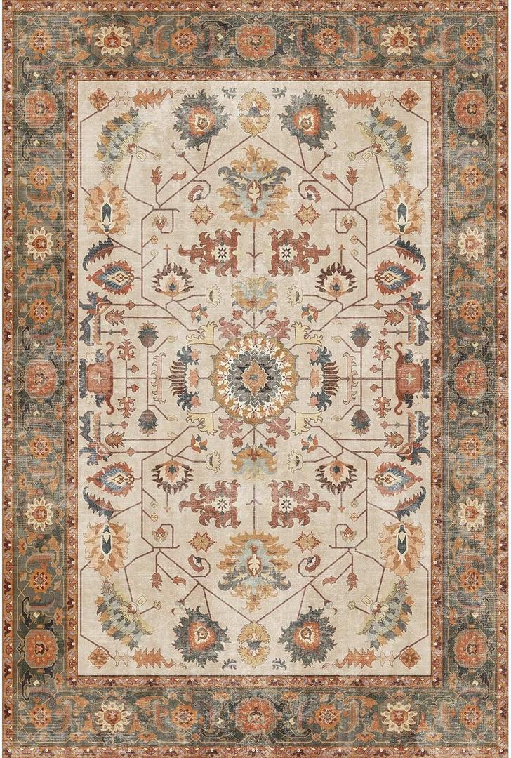 Kokia 9x12 Area Rugs Living Room Washable Non Slip Low Pile Vintage Floral Stain Resistant Soft Large Rugs for Bedroom, Dining Room, Kitchen, Indoor Leisure Rooms, Nova Tangerine Sand Moss Chesnut