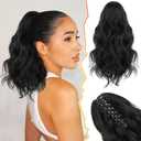 BARSDAR Claw Clip in Ponytail Extensions - 14 Inch Short Wavy Black Ponytail Hair Extensions for Women - Synthetic Claw Clip in Pony Tails Hairpieces Fake Pony Tails - Black
